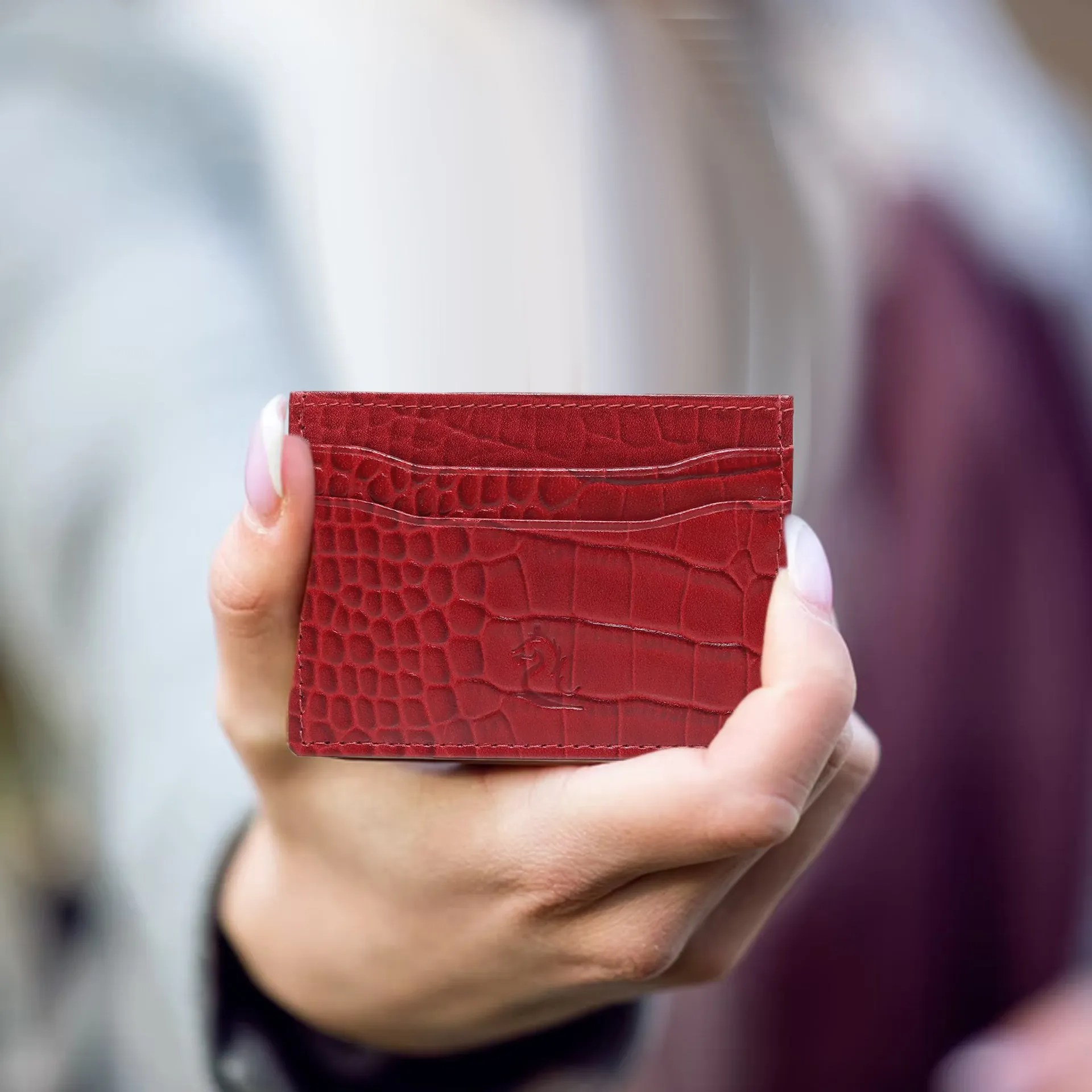 10119 Croco Red Leather Card Holder for Men and Women