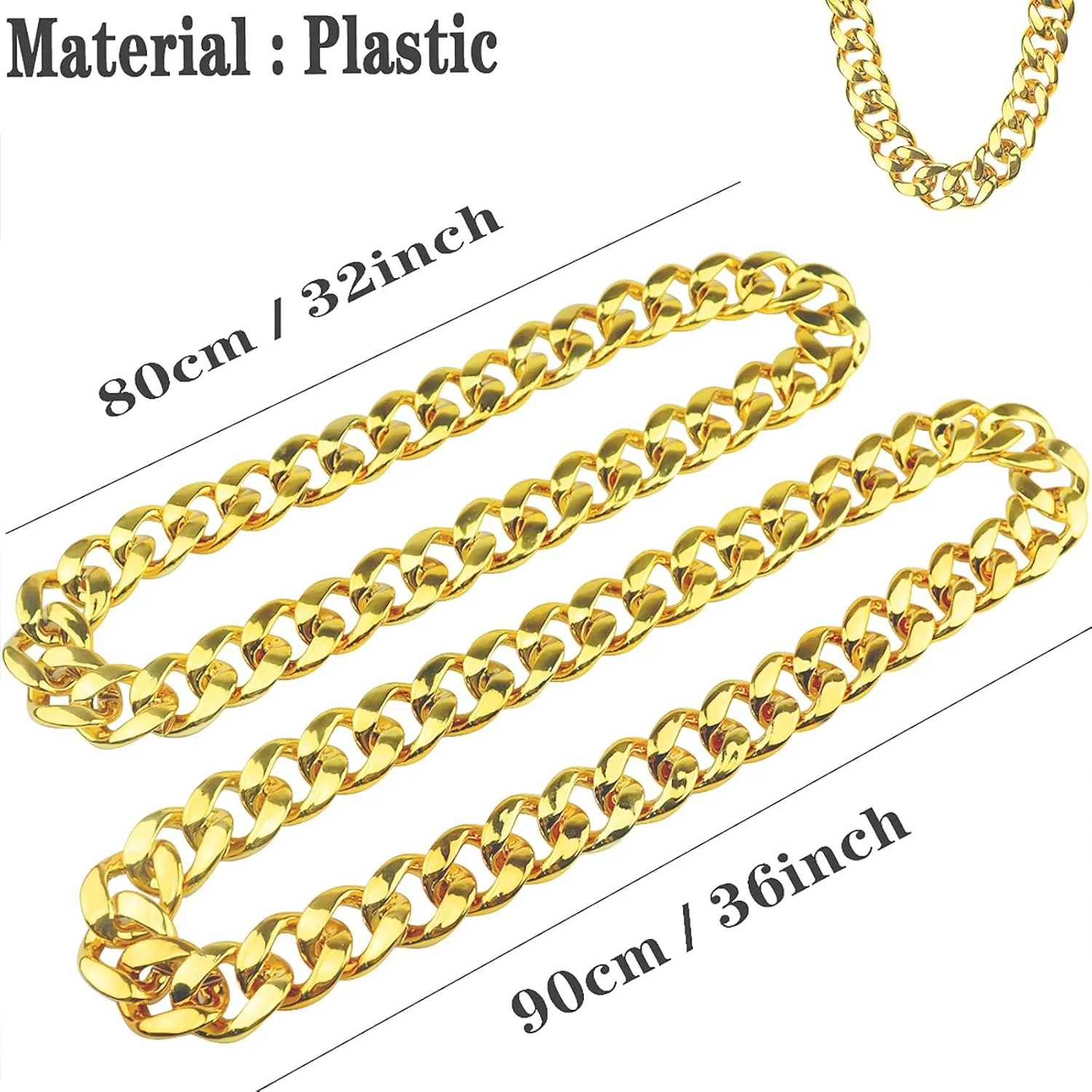 2Pack Big Chunky Plastic Hip Hop Chain for Men, Fake Gold Silver Turnover Chain 90s Necklace Costume Accessory