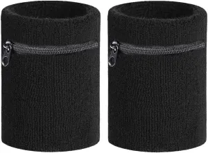2pcs Sports Thick Solid Color Wristband with Zipper/Wrist Wallet Multi Color Sweatband Wrist Support for Men Women Running, Walking, Basketball, Tennis, Hiking, Travel 3.1x 3.1 (Black)