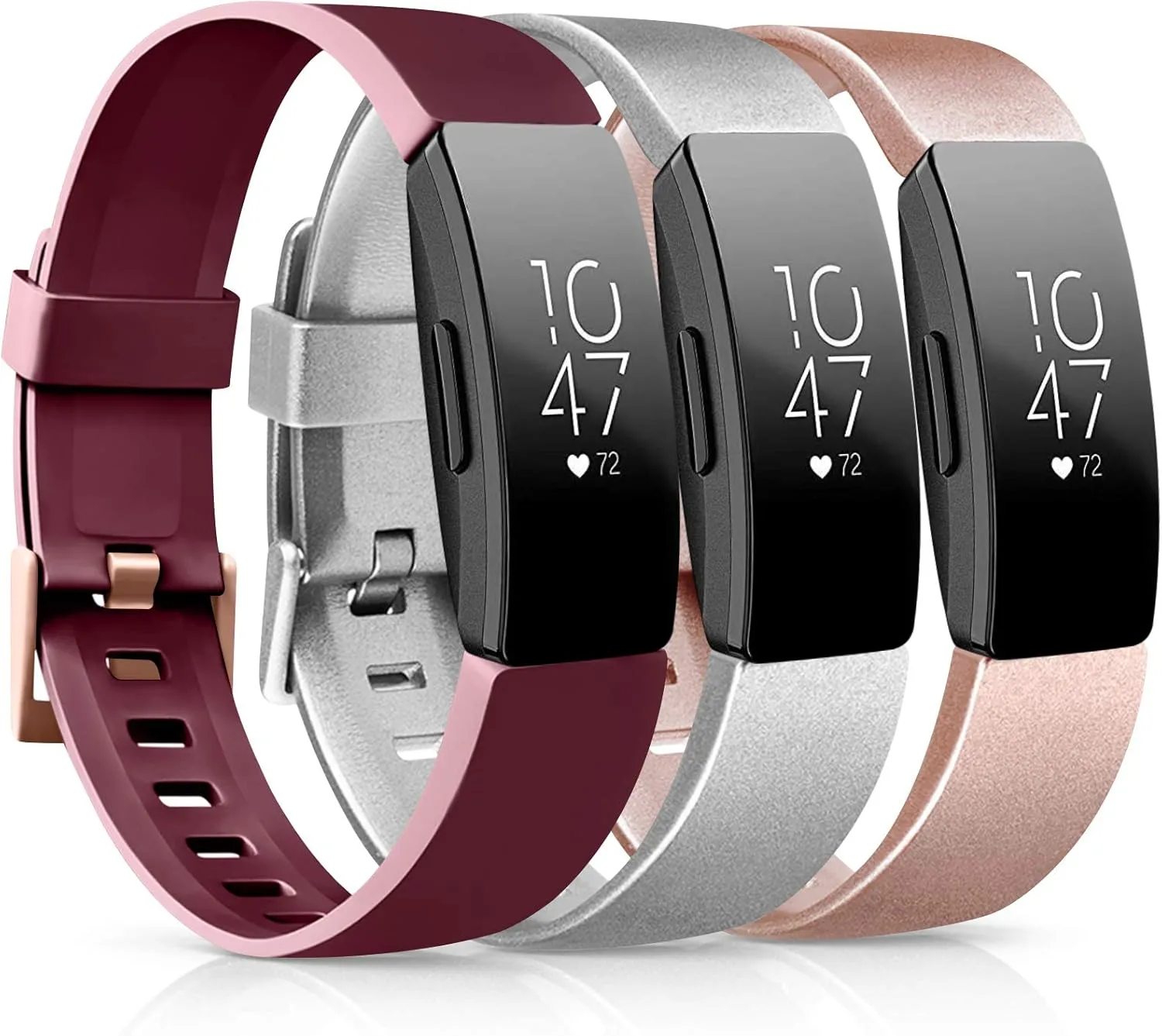 3 Pack Soft TPU Bands Compatible with Fitbit Inspire 2 / HR / Ace 2 - Waterproof Sports Straps (Wine Red/Silver/Rose Gold, Small)