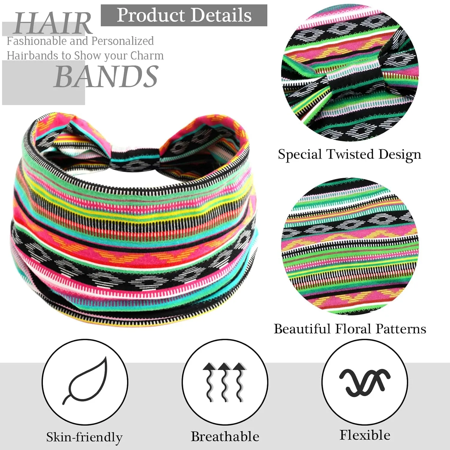 6 Pack Boho Headbands for Women Fashion Stretch Wide Hair Bands Knotted Turban Head Bands Yoga Running Elastic Non-Slip Sweatband Stylish Wrap Headbands Hair Accessories for Teen Girls
