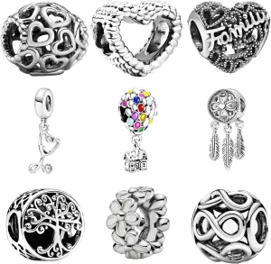 9 Pack Silver Spacer Beads Charms fit Pandora Bracelet DIY Jewelry String Set for Women