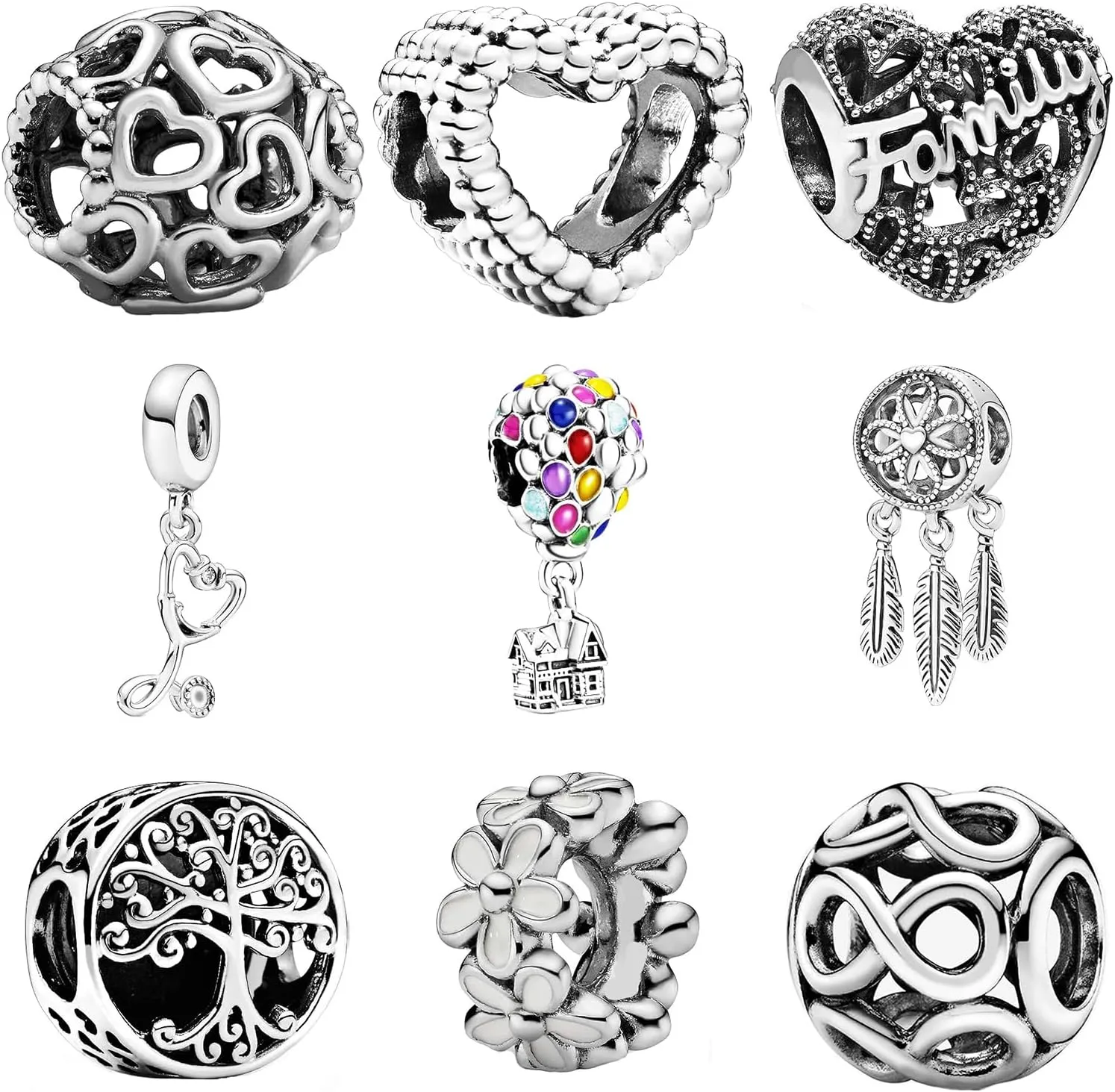 9 Pack Silver Spacer Beads Charms fit Pandora Bracelet DIY Jewelry String Set for Women