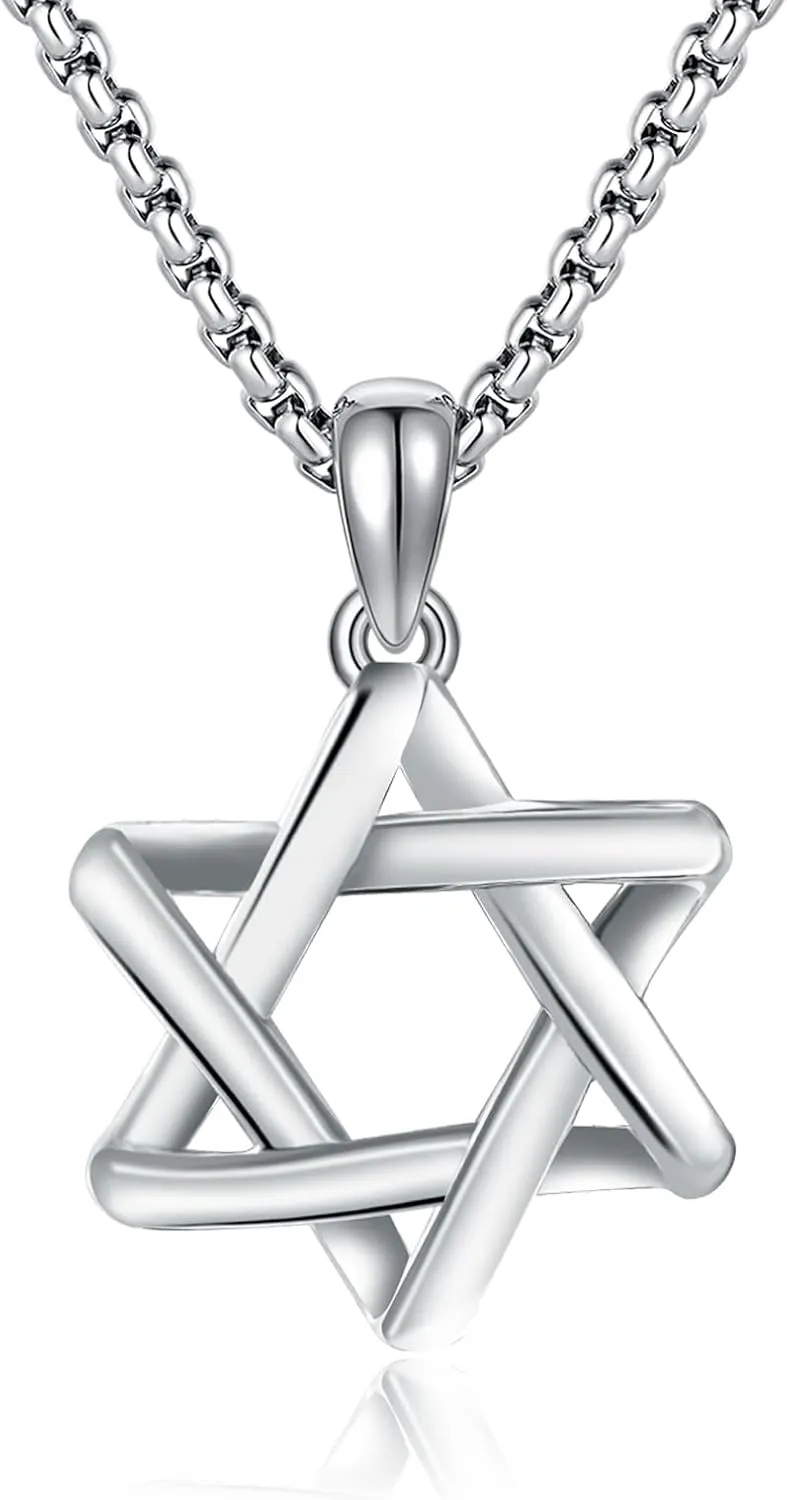 925 Sterling Silver Star of David Pendant Necklace with Stainless Steel Chain