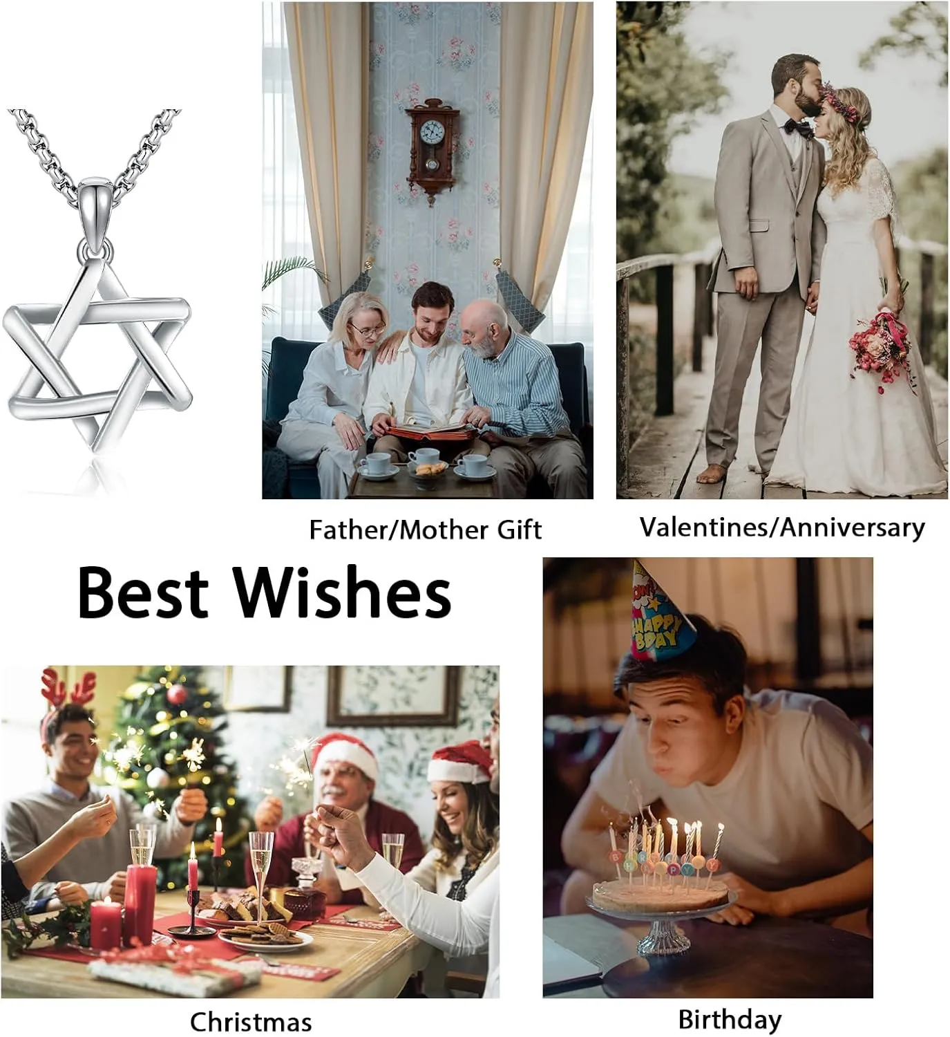 925 Sterling Silver Star of David Pendant Necklace with Stainless Steel Chain