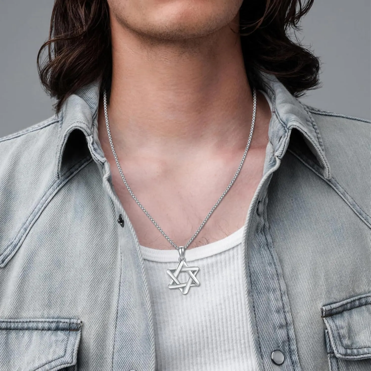 925 Sterling Silver Star of David Pendant Necklace with Stainless Steel Chain