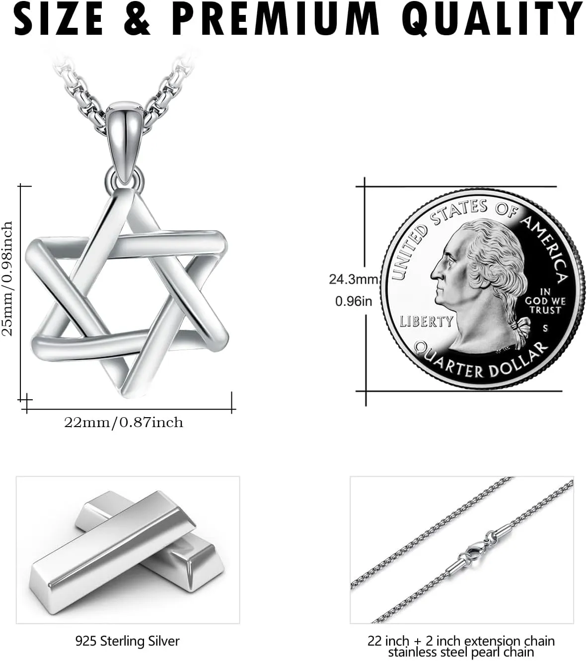 925 Sterling Silver Star of David Pendant Necklace with Stainless Steel Chain