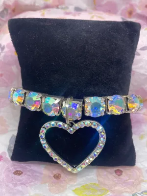 AB Aurora Borealis Crystal Stretch Bracelet w Rhinestone Heart Charm