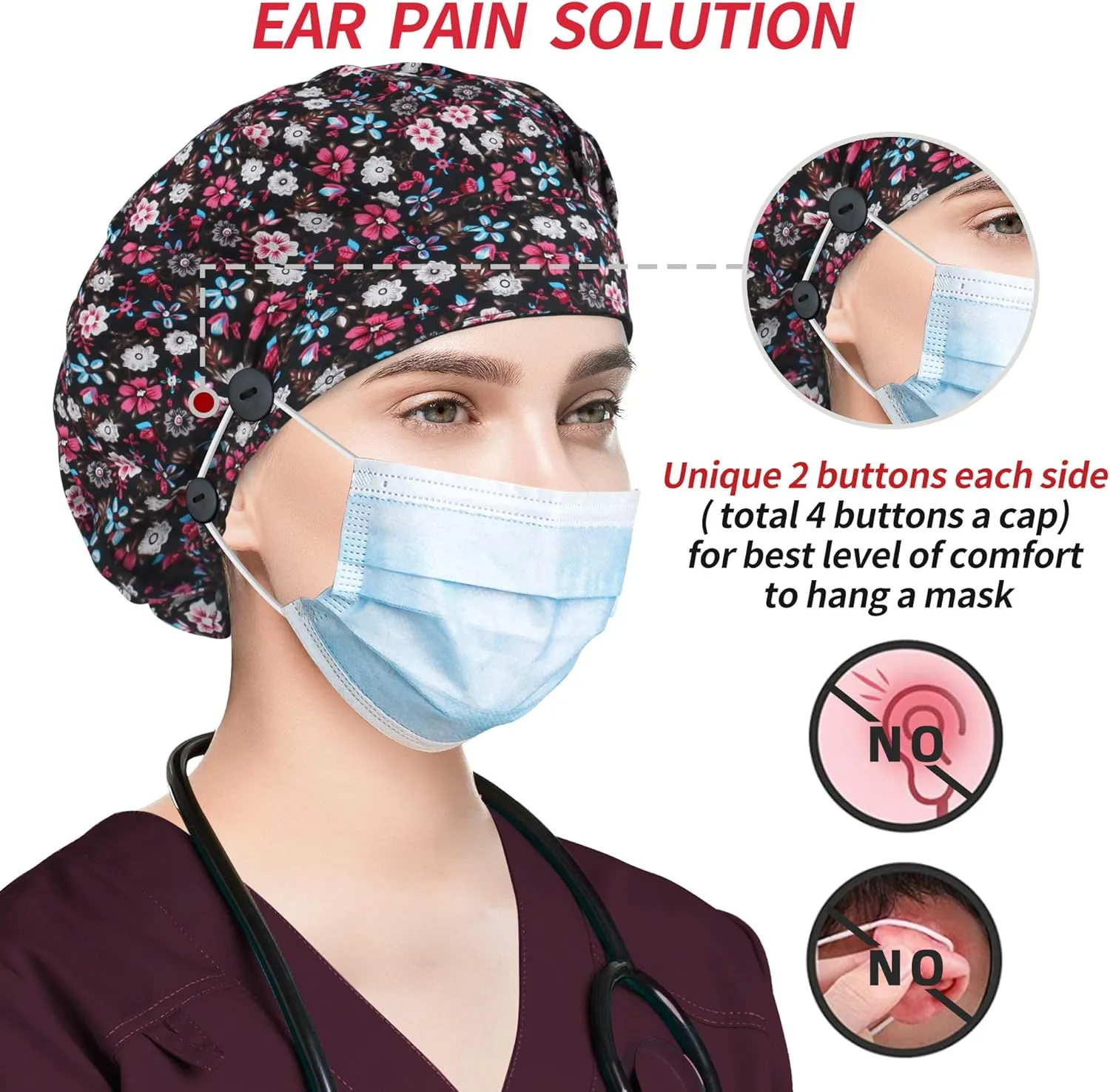 ABAMERICA Bouffant Caps with Button and Sweatband, Adjustable Scrub Caps for Women Men, One Size Multi Color
