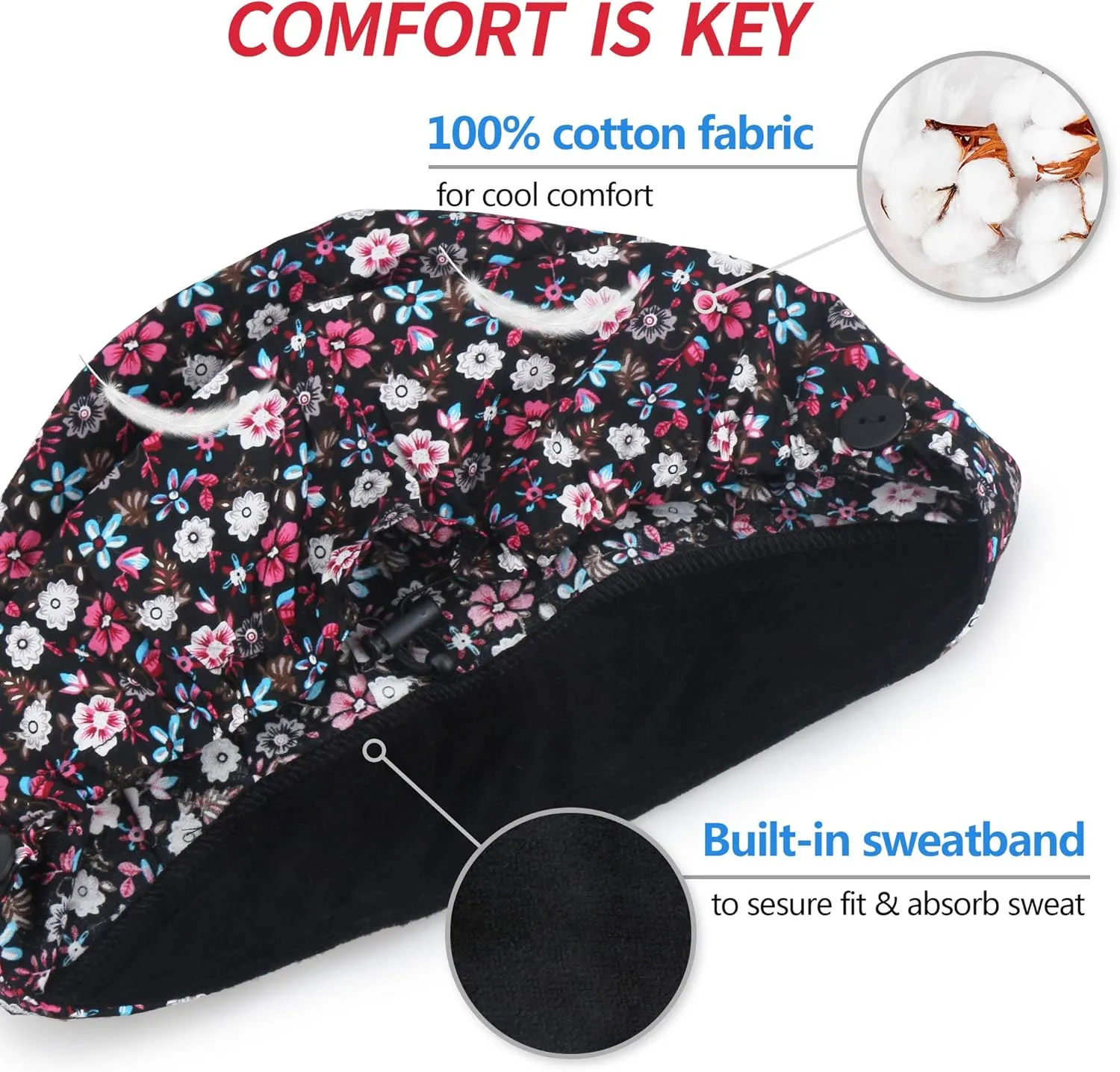 ABAMERICA Bouffant Caps with Button and Sweatband, Adjustable Scrub Caps for Women Men, One Size Multi Color
