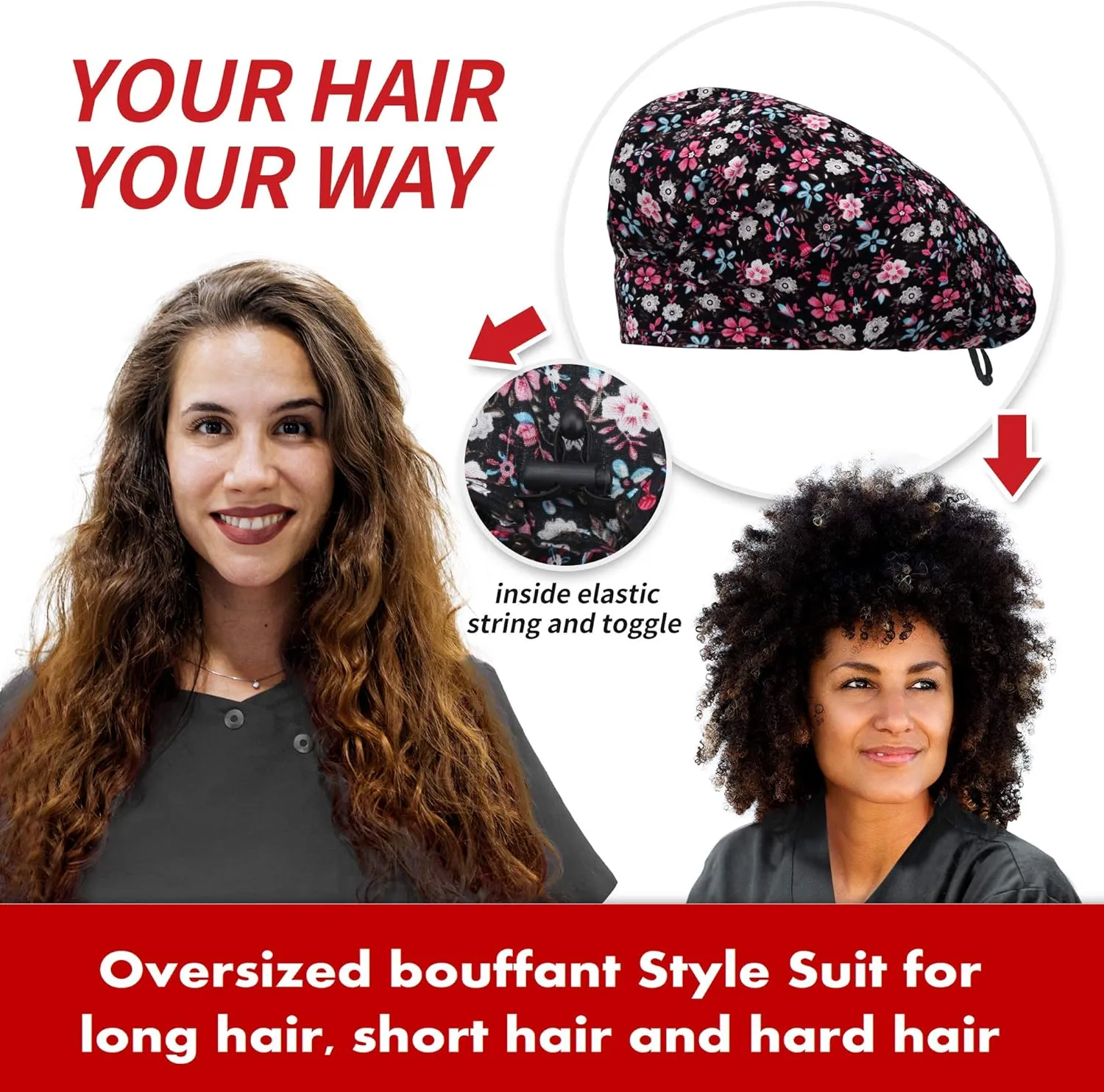 ABAMERICA Bouffant Caps with Button and Sweatband, Adjustable Scrub Caps for Women Men, One Size Multi Color