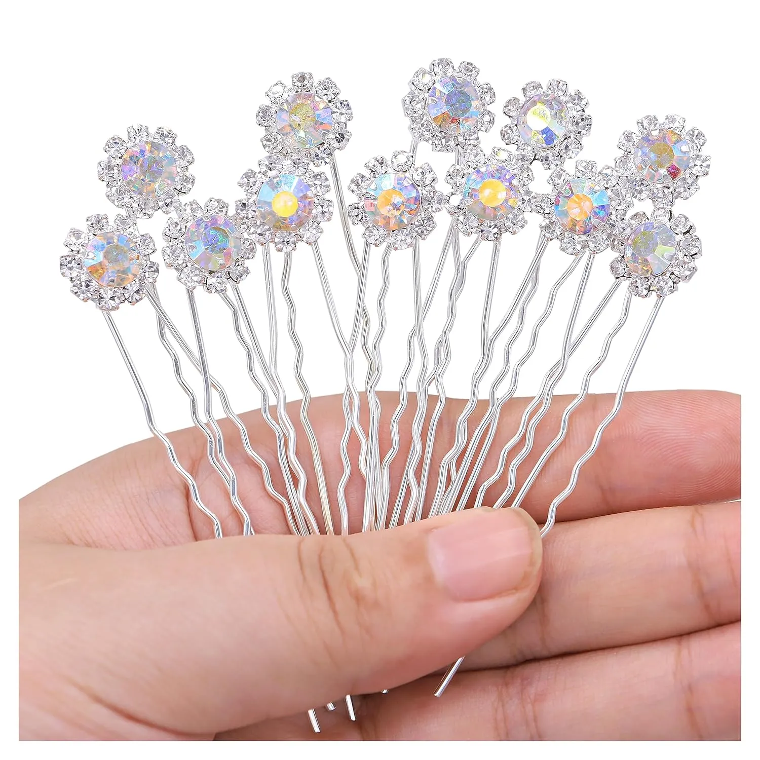 Ammei Crystal Bridal Hair Pins Clips Wedding Hair Accessories Hair Set Jewelry With Rhinestone For Brides and Bridesmaids Set Of 12 (AB Silver)