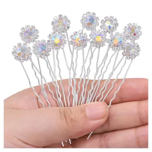 Ammei Crystal Bridal Hair Pins Clips Wedding Hair Accessories Hair Set Jewelry With Rhinestone For Brides and Bridesmaids Set Of 12 (AB Silver)