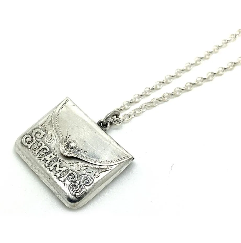 Antique 1915 Silver Stamp Case Necklace