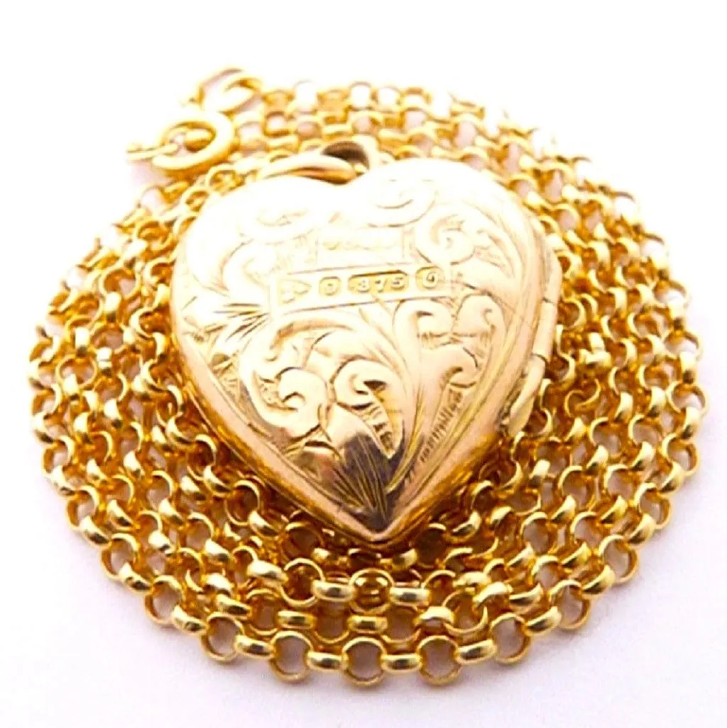 Antique Hallmarked Gold Heart Locket On 18 Inch 9ct Gold Necklace