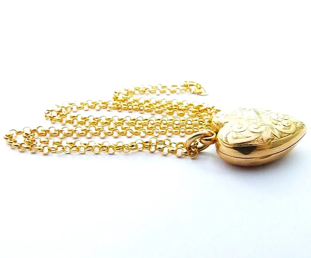 Antique Hallmarked Gold Heart Locket On 18 Inch 9ct Gold Necklace