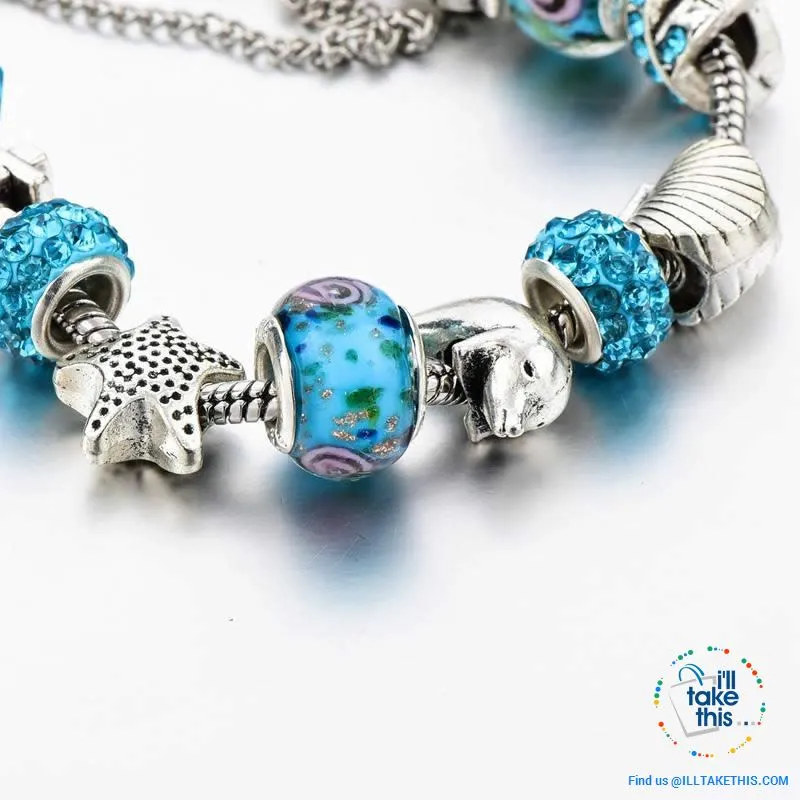 Aqua Marine Crystal Charm Bracelet Inspired Oceanic Style with Multiple Beads and Dolphin Charms