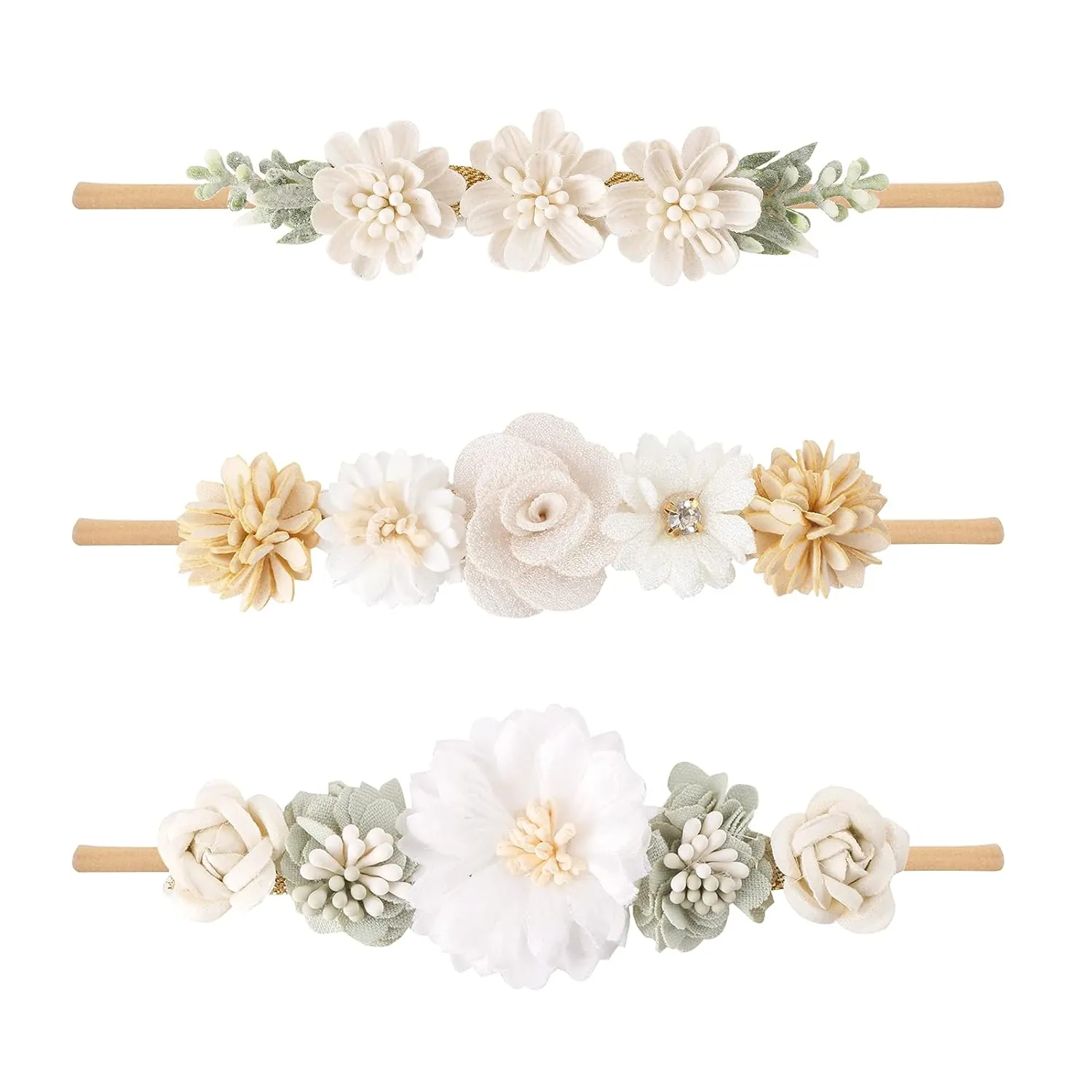 Baby Girl Floral Headband Nylon Flower Crown Elastic Hairband 3pcs Hair Accessories Gift for Girls (32#)