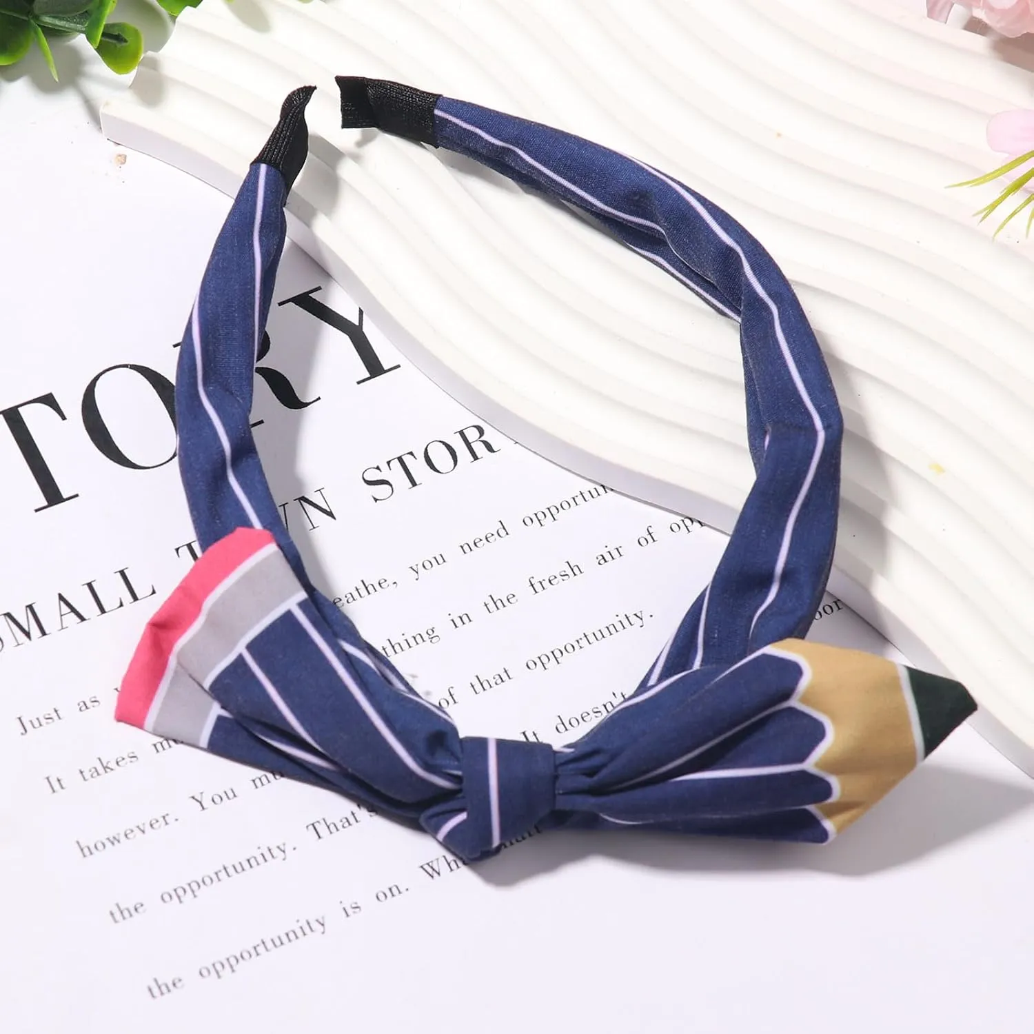 Back to School Headband Blue Pencil Hair Accessories for Women Girls Stripe Pen Big Bowknot Hair Decoration Students Teachers Outfits Non Slip Hair Band First Day of School Supplies 1 Pcs