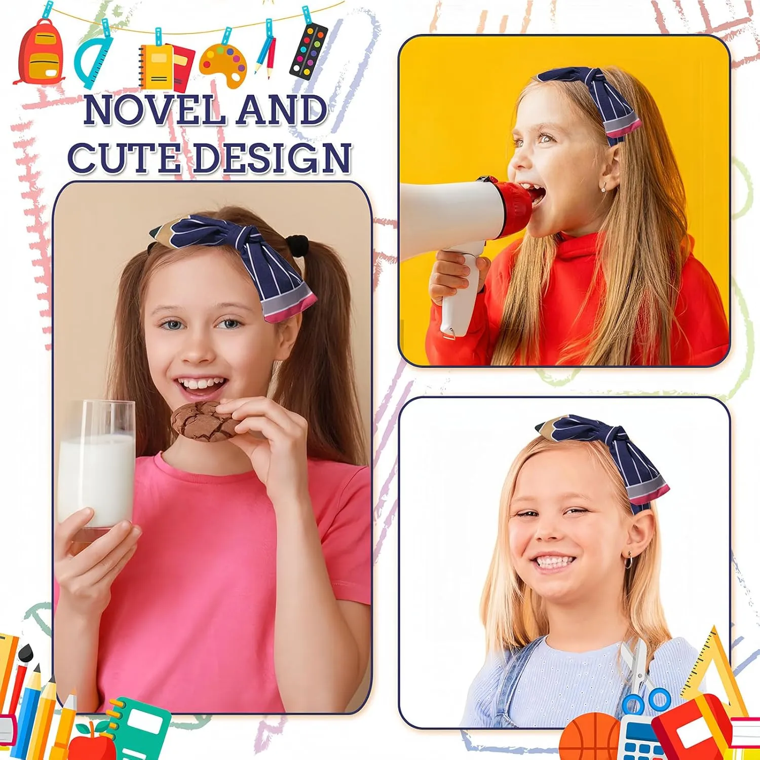 Back to School Headband Blue Pencil Hair Accessories for Women Girls Stripe Pen Big Bowknot Hair Decoration Students Teachers Outfits Non Slip Hair Band First Day of School Supplies 1 Pcs