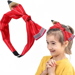 Back to School Headband Red Pencil Hair Accessories for Women Girls Stripe Pen Big Bowknot Hair Decoration Students Teachers Outfits Non Slip Hair Band First Day of School Supplies 1 Pcs