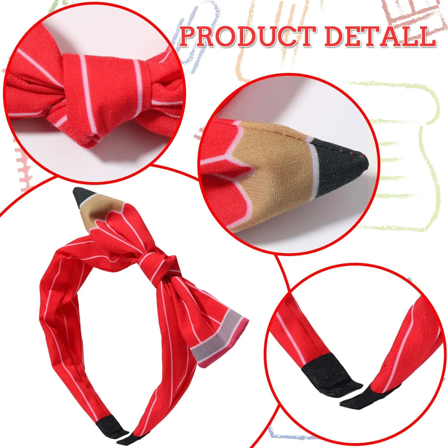 Back to School Headband Red Pencil Hair Accessories for Women Girls Stripe Pen Big Bowknot Hair Decoration Students Teachers Outfits Non Slip Hair Band First Day of School Supplies 1 Pcs