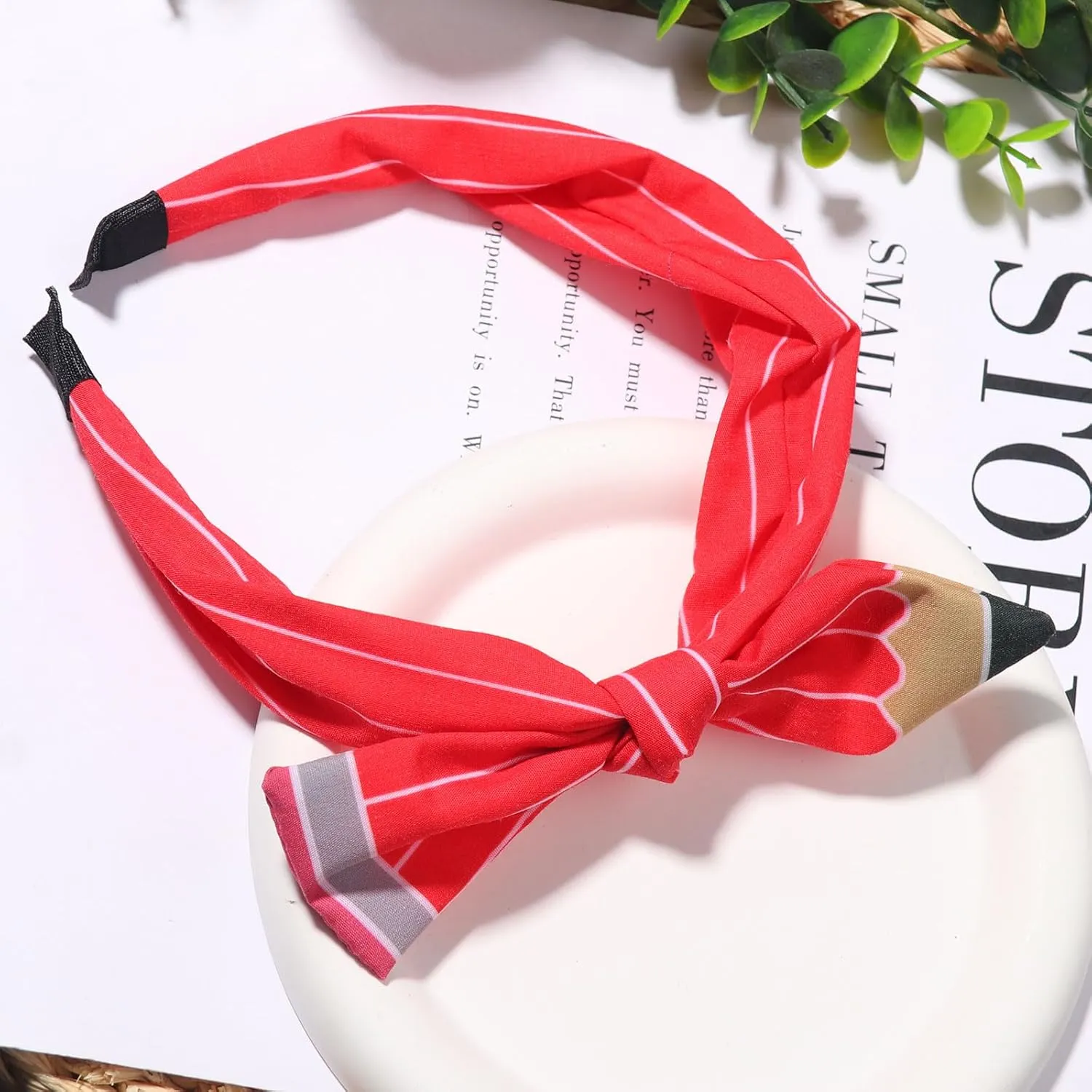 Back to School Headband Red Pencil Hair Accessories for Women Girls Stripe Pen Big Bowknot Hair Decoration Students Teachers Outfits Non Slip Hair Band First Day of School Supplies 1 Pcs