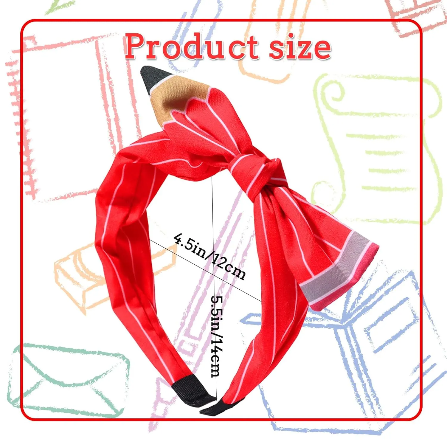 Back to School Headband Red Pencil Hair Accessories for Women Girls Stripe Pen Big Bowknot Hair Decoration Students Teachers Outfits Non Slip Hair Band First Day of School Supplies 1 Pcs