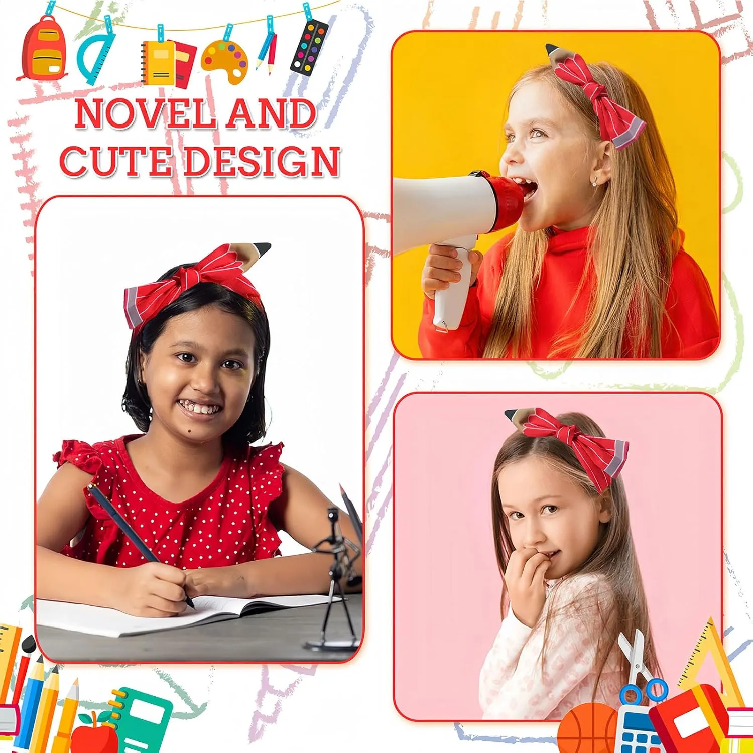 Back to School Headband Red Pencil Hair Accessories for Women Girls Stripe Pen Big Bowknot Hair Decoration Students Teachers Outfits Non Slip Hair Band First Day of School Supplies 1 Pcs