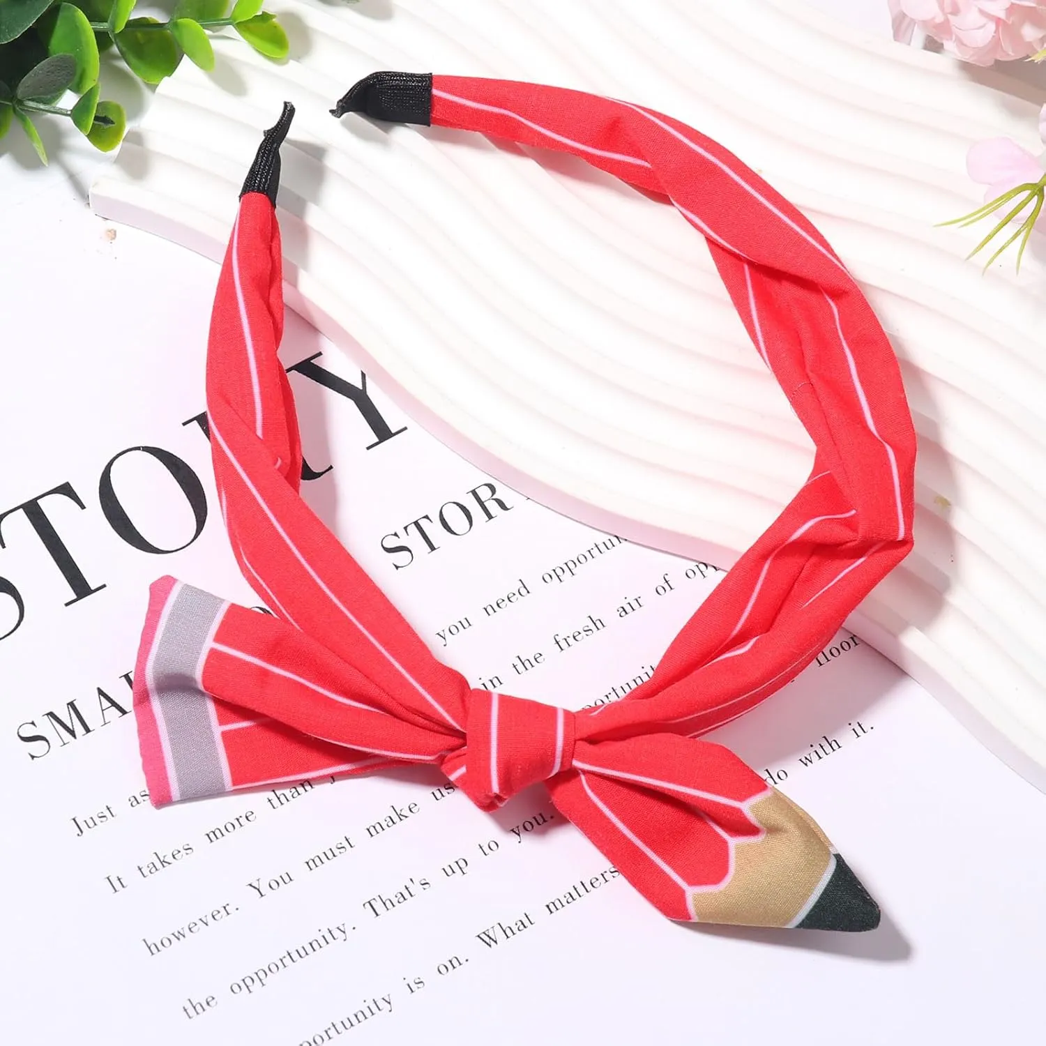 Back to School Headband Red Pencil Hair Accessories for Women Girls Stripe Pen Big Bowknot Hair Decoration Students Teachers Outfits Non Slip Hair Band First Day of School Supplies 1 Pcs