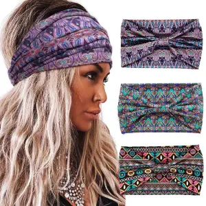 Boho Headbands Wide Knotted Hairbands Stretch Printed Head Bands Bohemia Head Wraps for Women 3 Pcs (Set A)