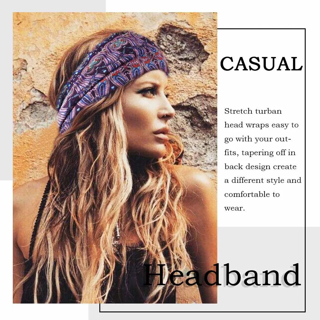 Boho Headbands Wide Knotted Hairbands Stretch Printed Head Bands Bohemia Head Wraps for Women 3 Pcs (Set A)