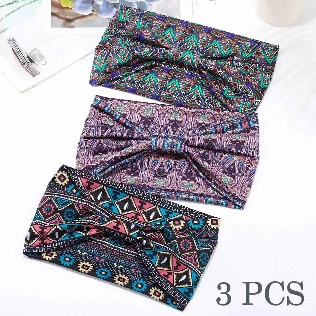 Boho Headbands Wide Knotted Hairbands Stretch Printed Head Bands Bohemia Head Wraps for Women 3 Pcs (Set A)