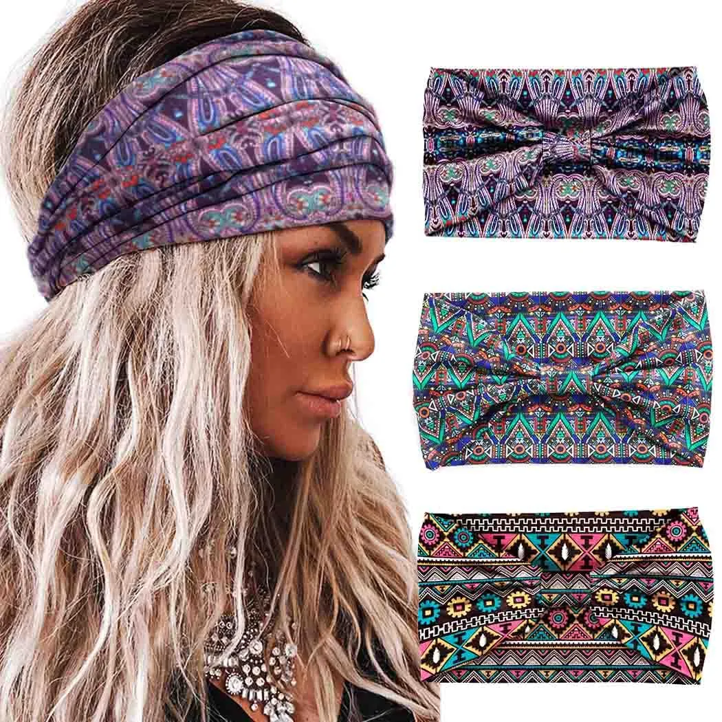 Boho Headbands Wide Knotted Hairbands Stretch Printed Head Bands Bohemia Head Wraps for Women 3 Pcs (Set A)