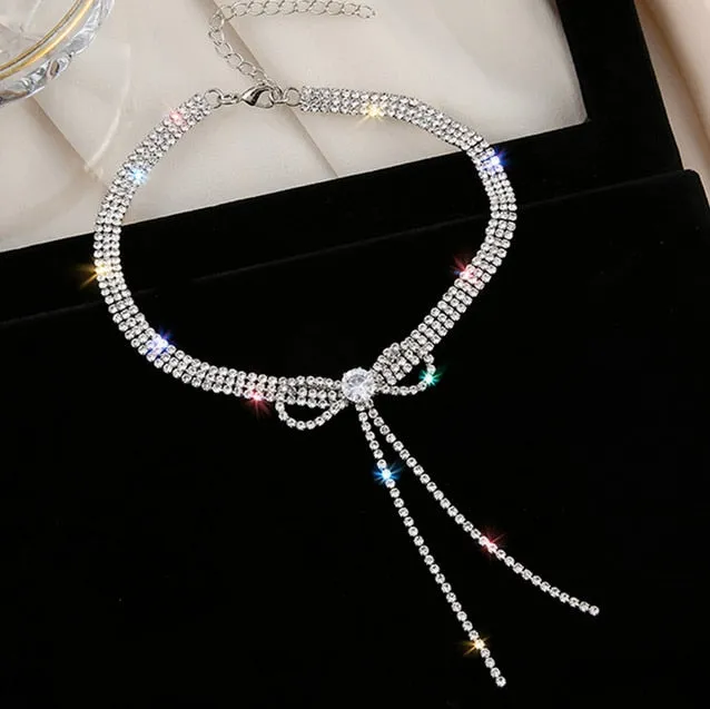 Bowknot Crystal Choker Necklaces for Women  Long Tassel Rhinestone Necklaces