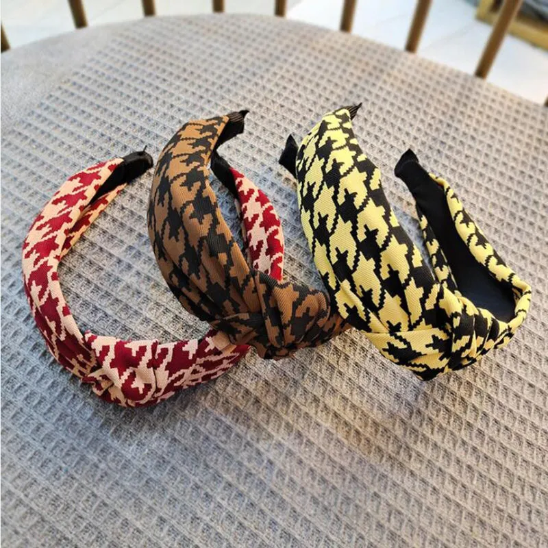 Classic Houndstooth Pattern Knotted Wide Hairbands