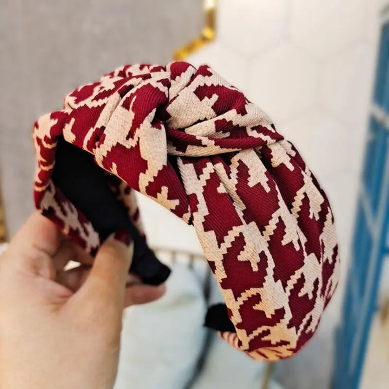 Classic Houndstooth Pattern Knotted Wide Hairbands