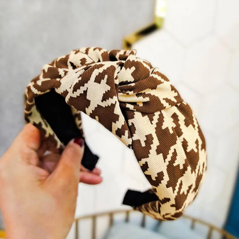 Classic Houndstooth Pattern Knotted Wide Hairbands