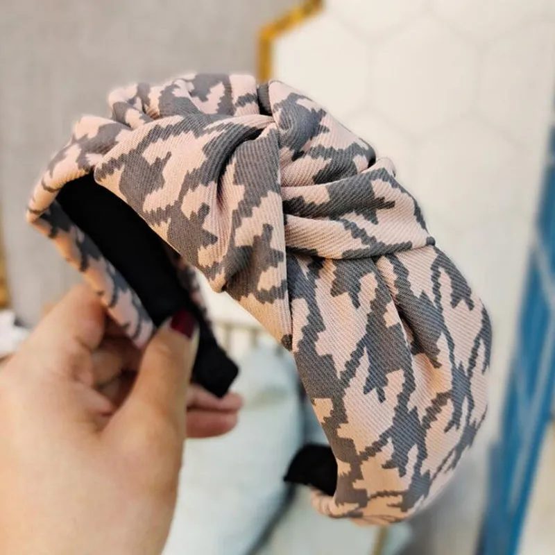 Classic Houndstooth Pattern Knotted Wide Hairbands