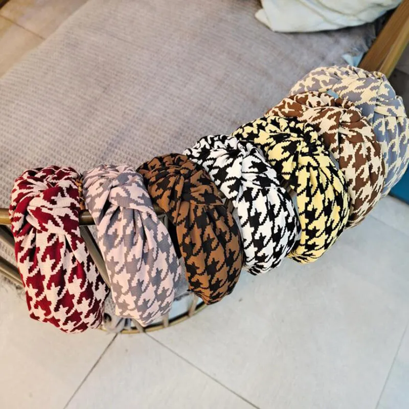 Classic Houndstooth Pattern Knotted Wide Hairbands