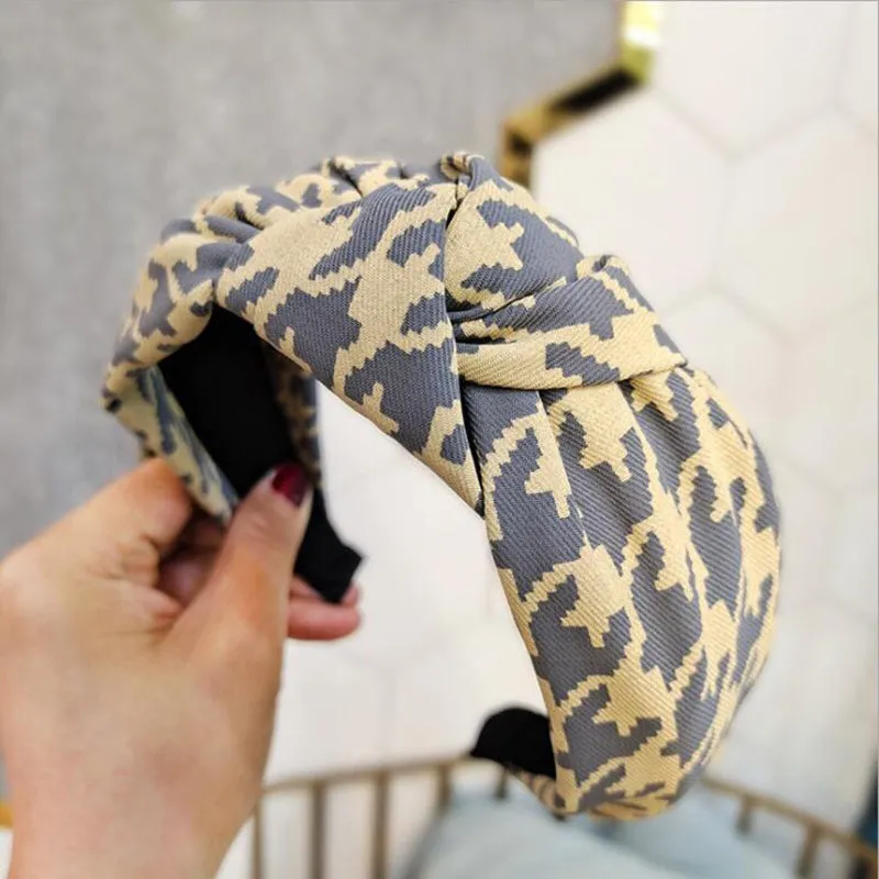 Classic Houndstooth Pattern Knotted Wide Hairbands