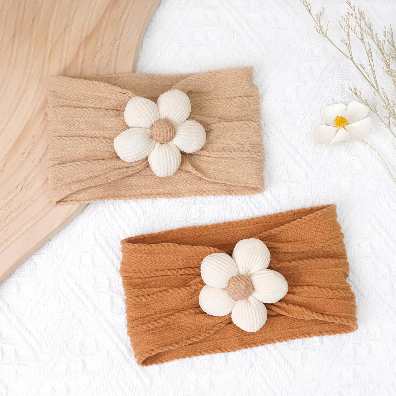 CLLOT 3 Pcs Baby Flower Headbands Baby Girls Nylon Headbands Soft Stretchy Headwear Hair Accessories for Newborn Infant Toddler Kids (Beige Ginger Khaki)