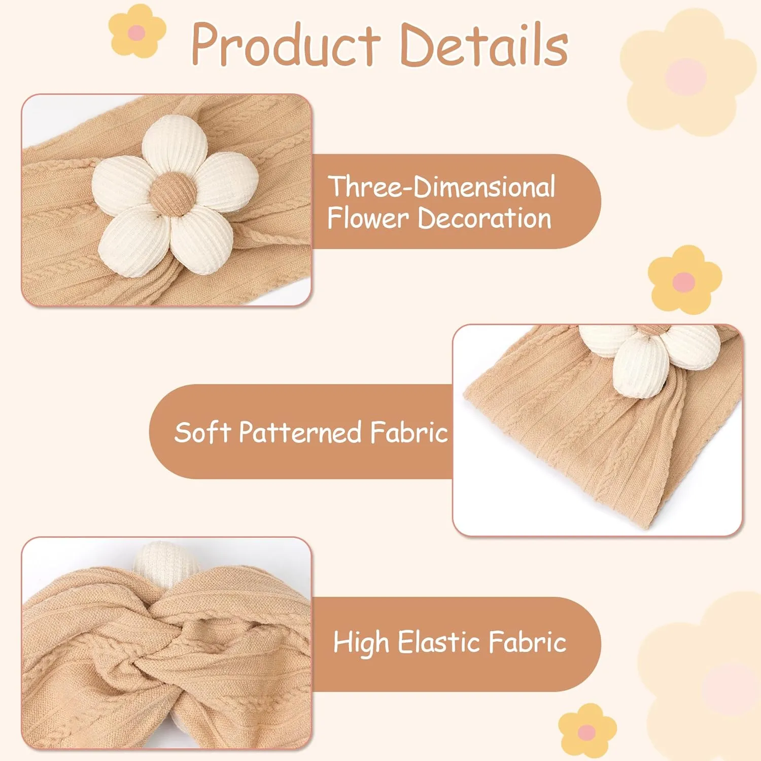 CLLOT 3 Pcs Baby Flower Headbands Baby Girls Nylon Headbands Soft Stretchy Headwear Hair Accessories for Newborn Infant Toddler Kids (Beige Ginger Khaki)