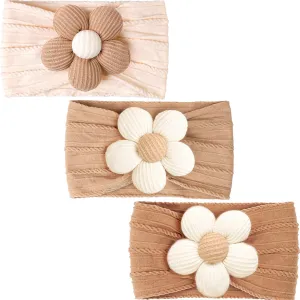 CLLOT 3 Pcs Baby Flower Headbands Baby Girls Nylon Headbands Soft Stretchy Headwear Hair Accessories for Newborn Infant Toddler Kids (Beige Ginger Khaki)