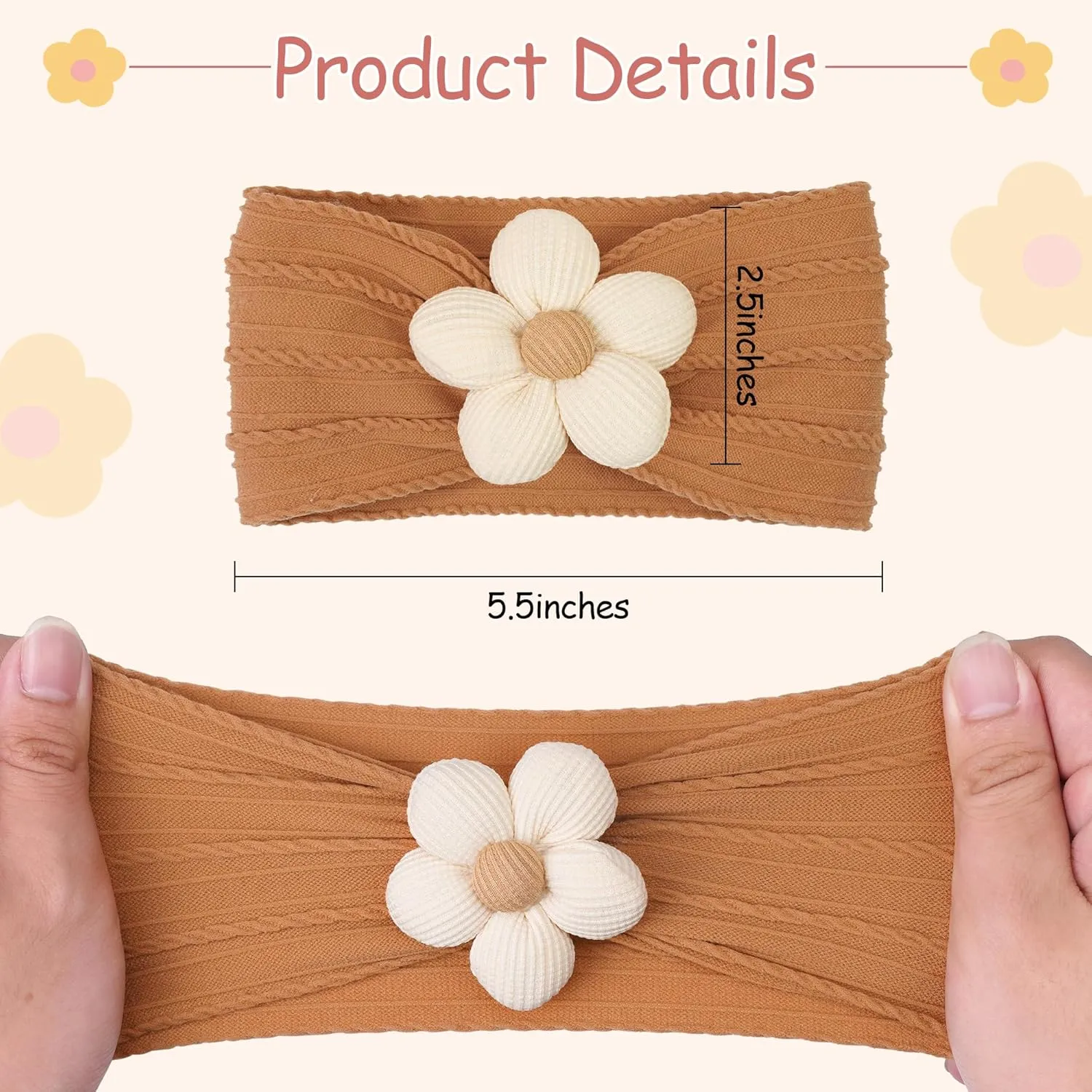 CLLOT 3 Pcs Baby Flower Headbands Baby Girls Nylon Headbands Soft Stretchy Headwear Hair Accessories for Newborn Infant Toddler Kids (Beige Ginger Khaki)