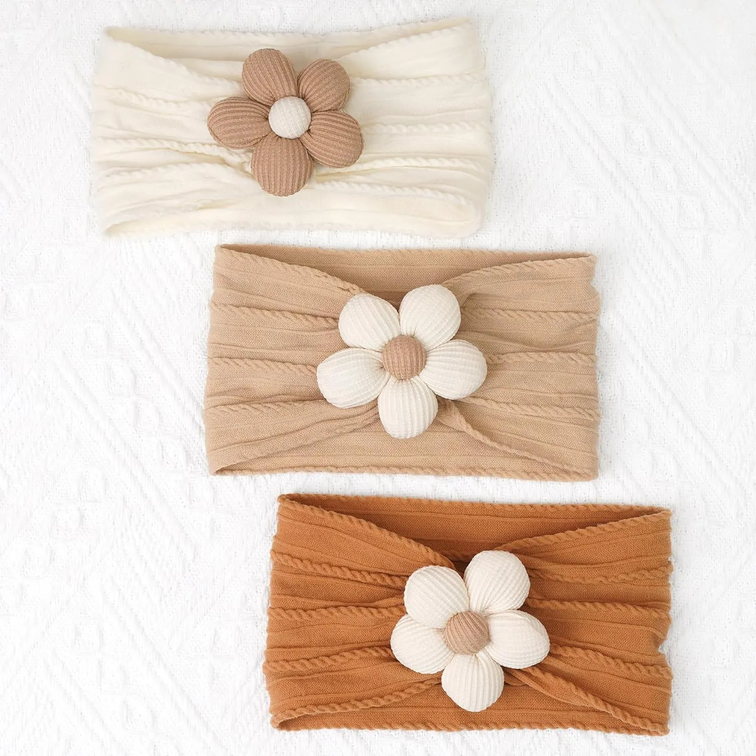 CLLOT 3 Pcs Baby Flower Headbands Baby Girls Nylon Headbands Soft Stretchy Headwear Hair Accessories for Newborn Infant Toddler Kids (Beige Ginger Khaki)