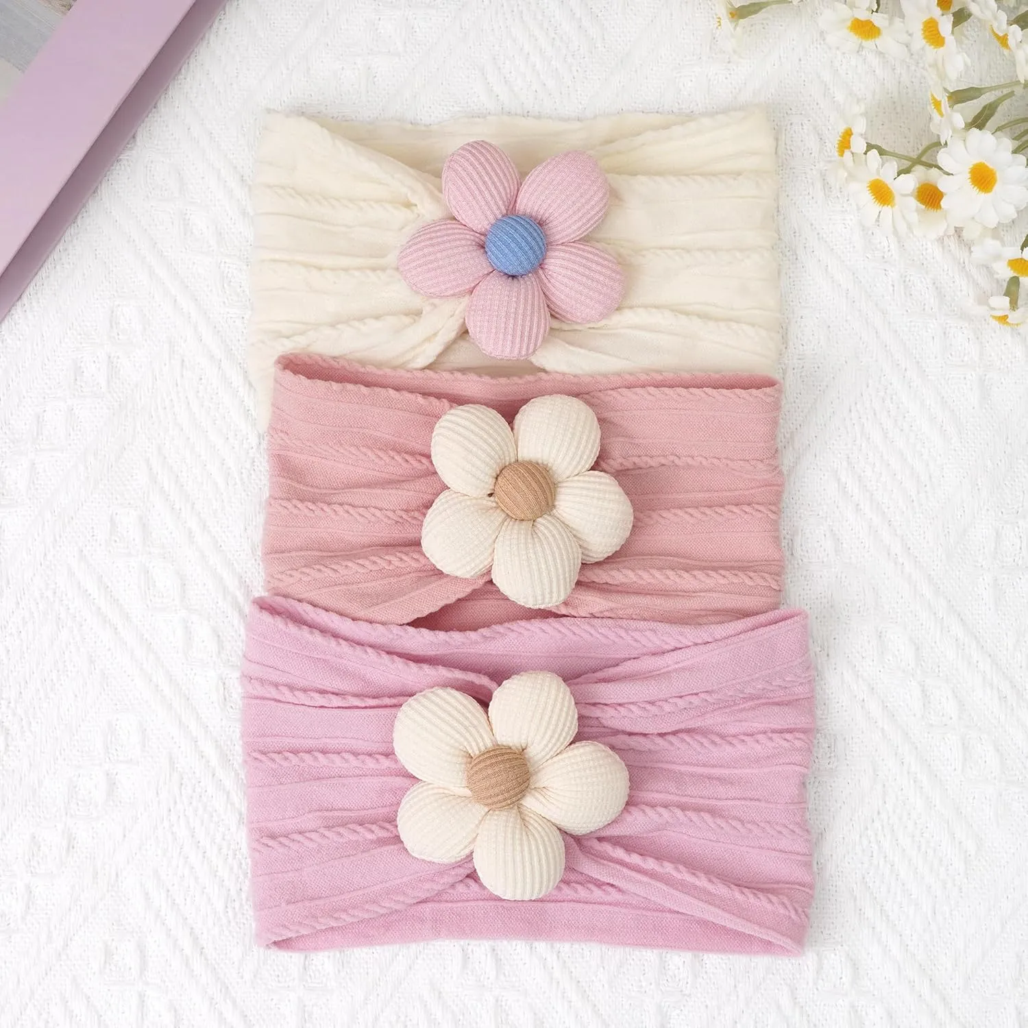 CLLOT 3 Pcs Baby Girl Headbands with Flower Nylon Headbands Soft Stretchy Headwear Hair Accessories for Newborn Infant Toddler Kids (Pink Beige Salmon)
