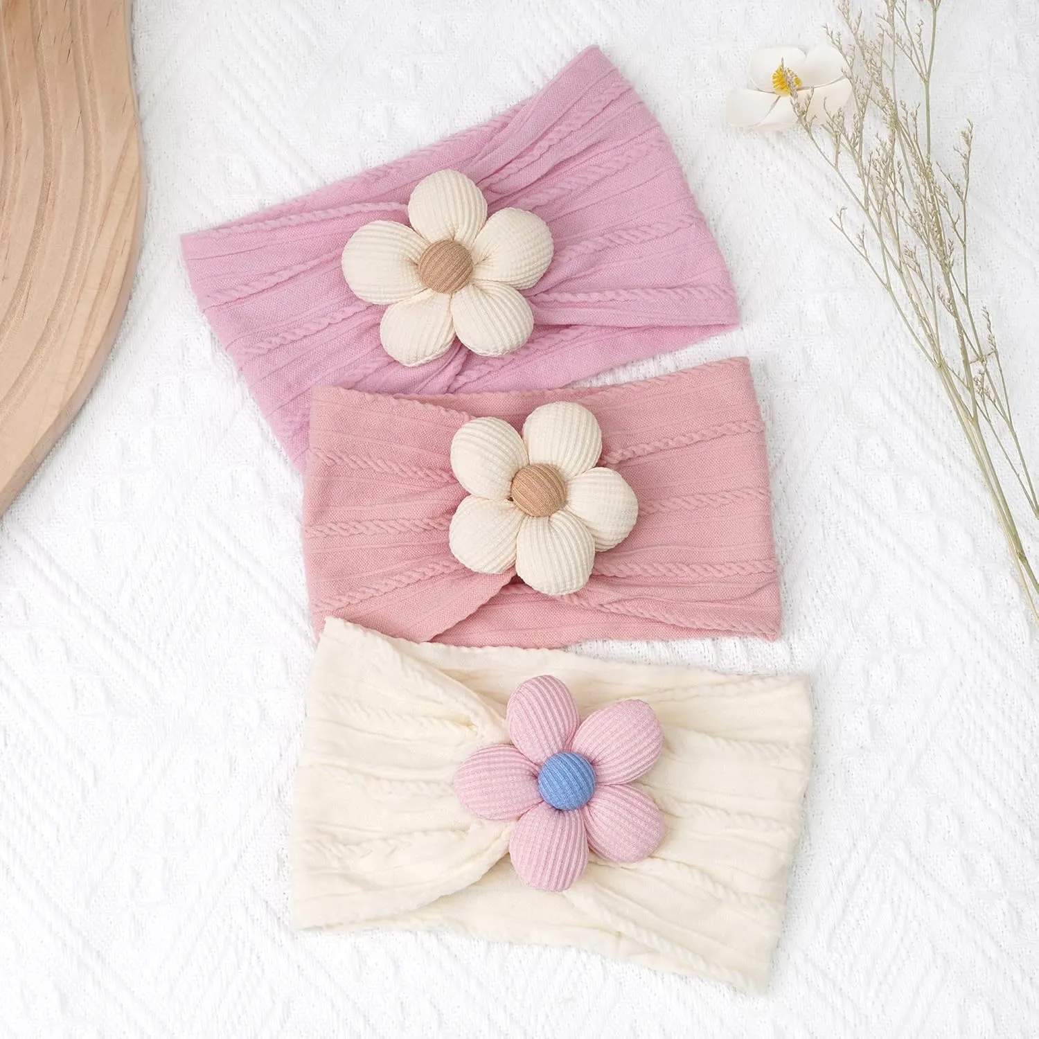 CLLOT 3 Pcs Baby Girl Headbands with Flower Nylon Headbands Soft Stretchy Headwear Hair Accessories for Newborn Infant Toddler Kids (Pink Beige Salmon)