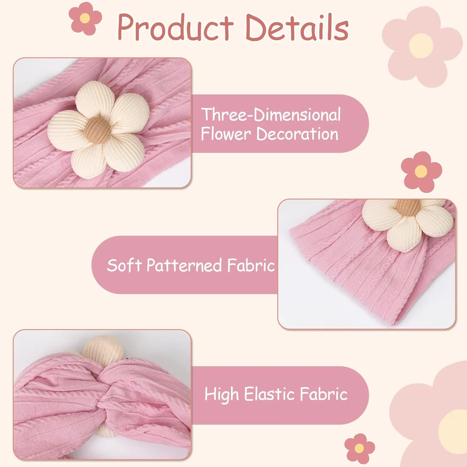 CLLOT 3 Pcs Baby Girl Headbands with Flower Nylon Headbands Soft Stretchy Headwear Hair Accessories for Newborn Infant Toddler Kids (Pink Beige Salmon)