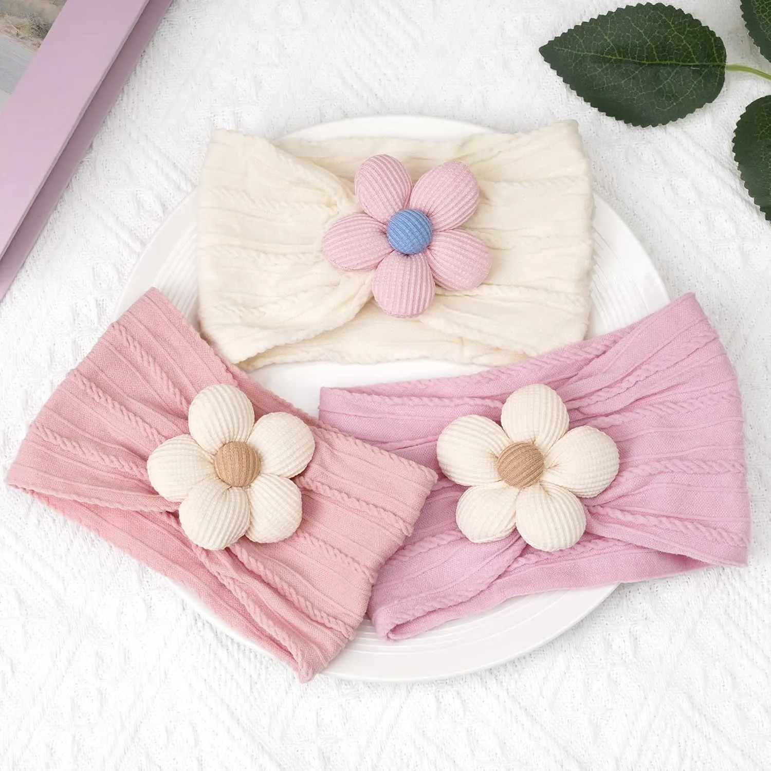 CLLOT 3 Pcs Baby Girl Headbands with Flower Nylon Headbands Soft Stretchy Headwear Hair Accessories for Newborn Infant Toddler Kids (Pink Beige Salmon)